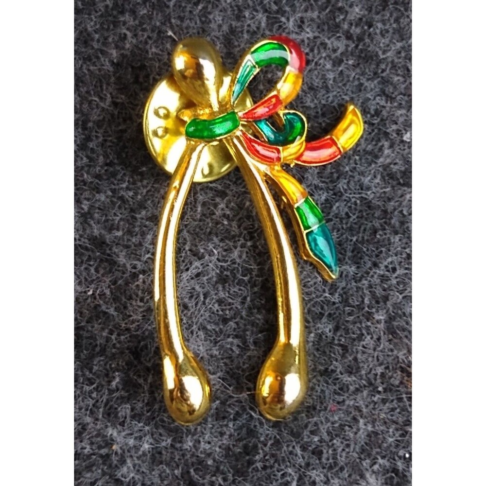 Vintage Wishbone Pin Brooch Tie Tack Tac with Red Green Enamel Ribbon Goldtone